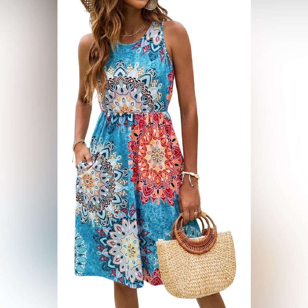Sleeveless Racerback Floral Boho Beach Dress with Pockets Teal Size Medium